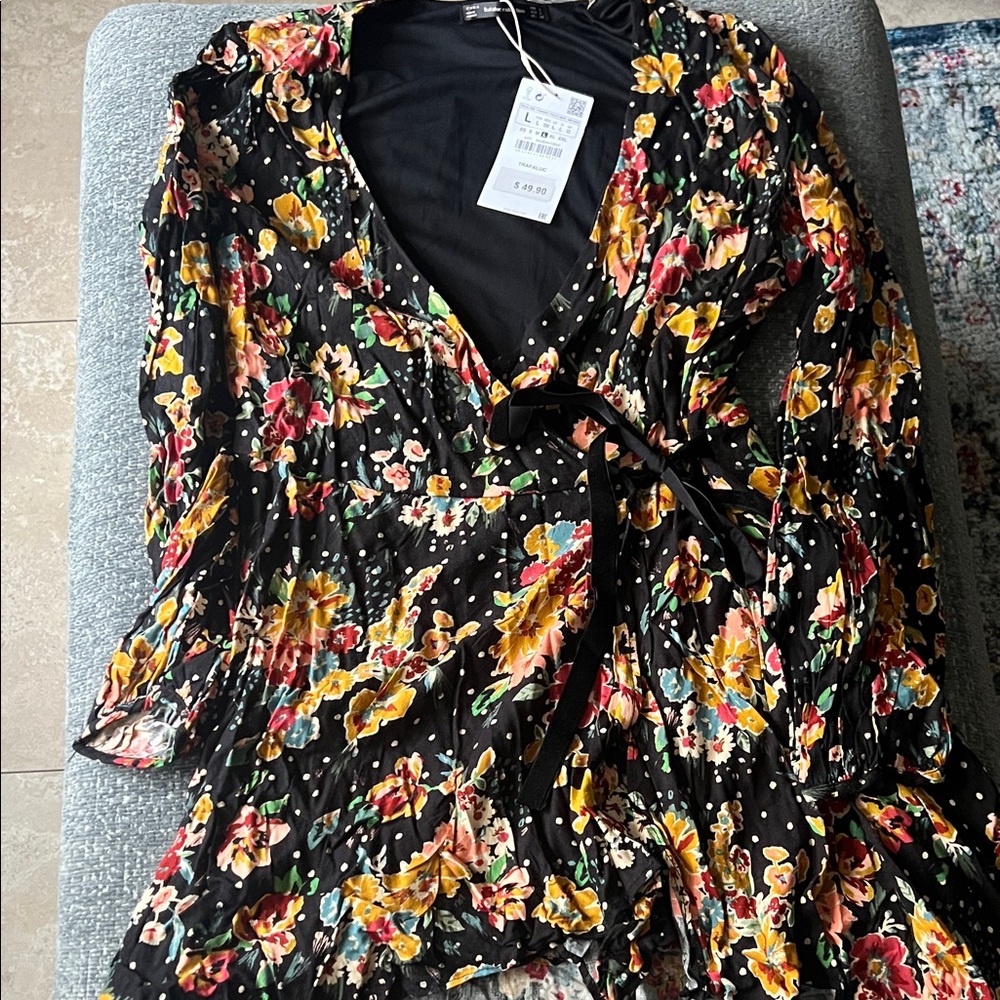 Zara Black Floral Wrap Dress